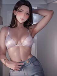 1girls ai_generated ai_mirror arm_up armpits belly_button blue_nails blush bracelet brown_eyes brown_hair buttons earrings jeans long_hair looking_at_viewer small_breasts unbuttoned white_bra white_skin white_wall