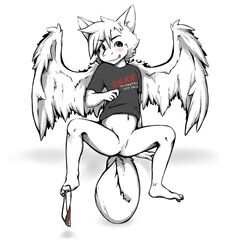 blue_eyes blush bottomless clothing cuntboy dragon hair harmarist intersex panties_around_feet pussy shirt underwear white_background white_fur white_hair wings