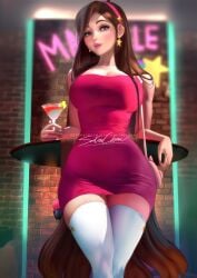 1girls artist_signature bar big_breasts brown_eyes brown_hair cleavage clothed cocktail cocktail_dress cocktail_glass curtains_match_windows disney dress earrings female fully_clothed gravity_falls hairband hourglass_figure leaning_on_table light-skinned_female light_skin lips looking_at_viewer mabel_pines pig_accoutrements pink_dress pink_nails purse sakimichan solo spaghetti_strap star_earrings thick_lips thick_thighs thighhighs very_long_hair white_thighhighs wide_hips