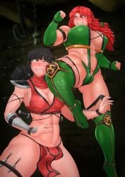 2d 2d_(artwork) abs catfight chanary cosplay crossover female_only hong_meiling huge_ass huge_breasts jade_(mortal_kombat)_(cosplay) kaguya_houraisan kick loincloth midriff mortal_kombat muscular_female navel revealing_clothes skarlet_(cosplay) thick_thighs thigh_boots toned_stomach touhou wide_hips wrestling