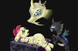 2012 black_background black_body bondage changeling crotchboobs cutie_mark equine erection fangs feral friendship_is_magic green_eyes group hair horn horse lying my_little_pony on_back penis plain_background pony pregnant ragingsemi red_hair restrained roseluck_(mlp) wings