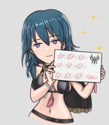 1girls alternate_costume bare_midriff bikini black_bikini black_swimsuit breasts byleth_(fire_emblem) byleth_(fire_emblem)_(female) byleth_(summer)_(fire_emblem)_(female) capelet chibi crest_(fe3h) female female_only fire_emblem fire_emblem:_three_houses fire_emblem_heroes happy holding holding_object mali-sa medium_breasts medium_hair midriff nintendo official_alternate_costume score sideboob sign smile solo sparkles swimsuit teacher