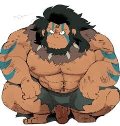 balls bara beard doraemon facial_hair flaccid hyaku_(artist) kurayami_tribe male male_only muscles muscular penis solo solo_male squatting