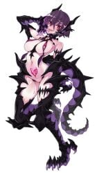 animal_hands animal_legs big_breasts dragon_girl dragon_horns dragonewt dragonnewt_(monster_girl_encyclopedia) kenkou_cross looking_at_viewer monster_girl monster_girl_(genre) monster_girl_encyclopedia official_art pinup pinup_pose pubic_tattoo purple_hair pussy_juice red_eyes reptile_tail short_hair skimpy slit_pupils spikes tagme tail tongue_out wet_pussy