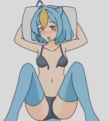 biting_condom blue_hair blush buccaneer_s2 condom daebom half_naked horny panties red_eyes stockings torn_bra war_thunder