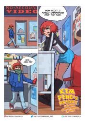 1boy1girl bored bored_expression comic_page dialogue english_text female freckles fully_clothed kim_pine male miniskirt preka red_hair sarcasm scott_pilgrim scott_w_pilgrim short_hair speech_bubble winter_clothes