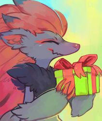 3_claws ambiguous_gender artist_request bow closed_eyes colorful_background ears_back facial_markings fluffy fluffy_chest game_freak gift gift_box happy hi_res highres long_tail nintendo no_humans pokemon pokemon_(species) red_claws simple_background smile two_tone_fur vulpine zoroark