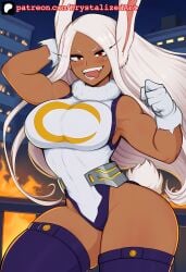 4k ai_generated breasts city covered_breasts dark-skinned_female detailed_background fangs female fire flexing fully_clothed gloves hero hero_outfit_(mha) heroine hi_res highres krystalizedart large_ass large_breasts long_eyelashes miruko muscular muscular_female my_hero_academia night oerba_yun_fang open_mouth patreon patreon_logo patreon_url patreon_username perky_breasts rabbit rabbit_ears rabbit_girl rabbit_humanoid rabbit_tail red_eyes rumi_usagiyama solo solo_female solo_focus stars thick_thighs thighhighs thighs toned toned_female tongue tongue_out unitard white_gloves white_hair