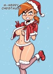 1girls christmas christmas_outfit darkeros13 double_v embarrassed english_text light-skinned_female light_skin looking_at_viewer medium_breasts merry_christmas nickelodeon no_bra the_fairly_oddparents thedarkeros vicky_(fairly_odd_parents)