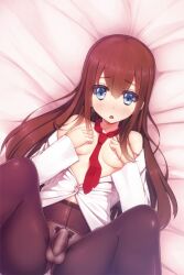 1futa ai_generated bare_shoulders bed_sheet black_pantyhose blue_eyes blush bow bow_panties breasts brown_hair bulge covering_breasts edit edited female futa_alt futanari gusset lab_coat legs_up long_hair lying makise_kurisu medium_breasts necktie no_bra on_back open_clothes open_mouth open_shirt panties panties_under_pantyhose pantyhose penis red_hair red_necktie siva_(executor) skirt_down skirt_lift solo spread_legs steins;gate underwear