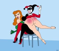 batman:_the_animated_series batman_(series) big_butt breasts chair clown_costume clown_girl dc_comics dcau green_dress green_eyes harley_quinn harley_quinn_(classic) heel_boots looking_back open_mouth orange_hair poison_ivy poison_ivy_(dcau) red_ass spanking