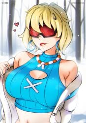 big_breasts biting_lip blonde_hair breasts breasts_out clothed clothed_female evie_(fortnite) fortnite heart looking_at_viewer myst necklace red-tinted_eyewear snow snowing soft_shading summitseeker_evie_(fortnite) tinted_eyewear undressing visor yhw