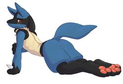 1boy 3_fingers 3_toes anthro ass balls barefoot beige_fur black_nose black_skin blue_fur blush canine frown fur jackal japanese looking_at_viewer lucario male male_only mammal nintendo on_floor pawpads paws pink_skin plain_background pokemon pokemon_(species) pose presenting presenting_hindquarters raised_arm red_eyes seth-iova shadow sharp_teeth shiny solo spikes teeth white_background