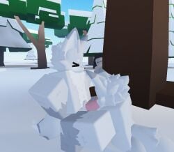 3d anon blowjob deepthroat duo_focus forest_background fox furry_female furry_male gripping hiding peeking roblox robloxian snow tagme tail tree