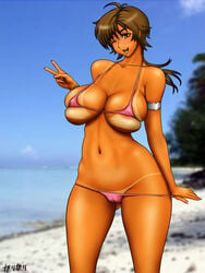 areola_slip areolae armlet beach bikini breasts brown_eyes brown_hair cleavage female female_protagonist garigari_hakase large_breasts masane_amaha navel open_mouth outdoor ponytail skindentation smile solo standing tanline tanned tied_hair underboob v wink witchblade