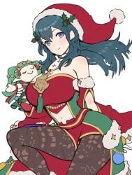 1girls alternate_costume bare_midriff blue_eyes breasts byleth_(female)_(fire_emblem) byleth_(female)_(frosty_professor)_(fire_emblem) byleth_(fire_emblem) byleth_(fire_emblem)_(female) character_doll christmas cleavage doll female female_only fire_emblem fire_emblem:_three_houses fire_emblem_heroes gonzarez hat large_breasts leggings looking_at_viewer midriff navel nintendo official_alternate_costume pantyhose plushie santa_hat shorts smile solo teal_hair white_background