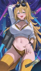 1girls blonde_hair breasts choker cleavage cute_fang female goddess_of_victory:_nikke green_eyes gyaru hood_x_art huge_breasts long_hair midriff money nail_polish naughty_face navel painted_nails pole pole_dancing rupee_(nikke) sling_bikini smile stripper_pole thick_thighs thighhighs wide_hips