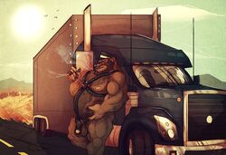 anthro balls bear beard biceps big_muscles chubby cigar facial_hair flaccid fur furry harness humanoid_penis looking_at_viewer male male_only mammal mastertrucker musclegut muscles no_humans nude outside penis smoking solo standing truck vetrowolf