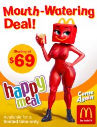 2023 ai_generated animal_humanoid anthro belly_button blue_eyes breasts comeagainai female genitals happy happy_meal humanoid mcdonald's meme nipples nude pussy red_body red_skin solo solo_female stable_diffusion thick_thighs