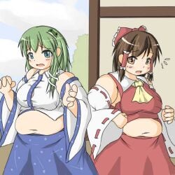 bbw belly_overhang big_belly big_breasts big_female blush chubby chubby_female embarrassed fat fat_arms fat_ass fat_female fat_fetish fat_girl fat_woman fatty large_female nerizou obese obese_female overweight overweight_female plump pork_chop reimu_hakurei sanae_kochiya thick_thighs tight_clothing tight_fit touhou weight_gain