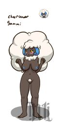 anthro big_breasts blue_nipples blush breasts color dark-skinned_female dark_skin exposed_breasts female female_only front_view illuminatii nintendo nipples nudity pokemon pokemorph pubic_hair pussy solo standing video_games vulva whimsicott white_background