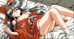 1girls black_hair breasts censored closed_eyes game_cg hairbow japanese_clothes kimono kobayakawa_shizuku legs_up long_hair medium_breasts miyata_yukimi on_back on_bed pixel_art pussy red_bow red_kimono solo tears toushin_toshi toushin_toshi_ii