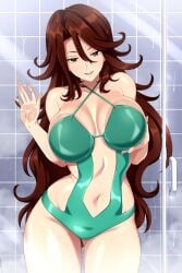 breasts_against_glass gundam gundam_00 lindaroze shower showering sumeragi_lee_noriega swimsuit tagme