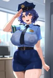 ai_generated blue_hair idolmaster idolmaster_million_live! large_areolae large_breasts miniskirt nipples nipples_visible_through_clothing police_uniform policewoman salute short_hair tharkica tight_clothing toyokawa_fuka