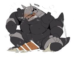 aggron anthro bara barazoku blush boner cum erection furry gay genital_slit hyaku_(artist) male male_only muscles muscular nintendo penis pokemon pokemon_(species) sitting solo solo_male