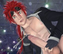 abs balls big_penis crazy_eyes cum cum_drip cumshot ear_piercing facepaint facial final_fantasy final_fantasy_vii fingerless_gloves goggles grabbing_penis green_eyes jacket large_penis lass-with-ass lips looking_at_viewer male male_only nipples pecs penis red_hair reno semen