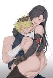 1boy 1girls ass ass_grab big_ass big_breasts big_butt black_hair blonde_hair blush blush breast_squeeze breasts closed_eyes cloud_strife couple final_fantasy final_fantasy_vii final_fantasy_vii_remake intimate licking long_hair pants_down shirt_lift shirt_up short_hair stockings tifa_lockhart zoewingsz