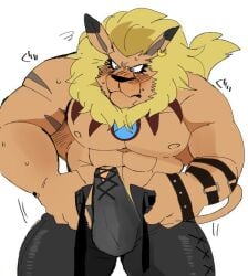 anthro balls bara barazoku blush boner digimon erection erection_under_clothes furry hyaku_(artist) leomon lion male male_only muscles muscular penis shirtless solo solo_male