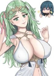 2girls alternate_costume alternate_hairstyle ass bikini black_bikini black_swimsuit blue_eyes breasts byleth_(female)_(summer)_(fire_emblem) byleth_(fire_emblem) byleth_(fire_emblem)_(female) chibi cleavage covered_nipples double_thumbs_up female female_only fire_emblem fire_emblem:_three_houses fire_emblem_heroes green_eyes green_hair large_breasts long_hair looking_at_viewer mali-sa more_at_source multiple_girls nintendo official_alternate_costume rhea_(fire_emblem) rhea_(summer)_(fire_emblem) smile solo_focus swimsuit teal_hair thumbs_up twintails upper_body very_long_hair white_bikini white_swimsuit