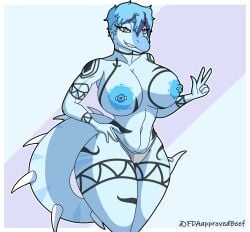 2024 5_fingers abstract_background absurd_res anthro areola artist_name barbell_piercing baryonyx bedroom_eyes big_areola big_breasts big_tail blue_body blue_hair blue_highlights blue_scales body_tattoo breasts camel_toe clothed clothing curvy_anthro curvy_female curvy_figure digital_drawing_(artwork) digital_media_(artwork) dinosaur eyelashes fdaapprovedbeef female fingers gesture goodbye_volcano_high grey_clothing grey_eyes grey_thong grey_underwear hair hand_gesture hand_on_hip hand_on_own_hip hi_res highlights_(coloring) huge_areola huge_breasts huge_hips huge_thighs long_tail looking_at_viewer mtf_crossgender multicolored_hair narrowed_eyes navel nick_(gvh) nipple_barbell nipple_piercing nipples piercing prehistoric_species reptile rule_63 scales scalie seductive short_hair smile snout solo spiked_tail spikes spikes_(anatomy) spinosaurid tail tattoo teeth theropod thick_thighs thong thong_only topless topless_anthro topless_female two_tone_hair underwear underwear_only v_sign voluptuous voluptuous_anthro voluptuous_female watermark wide_hipped_anthro wide_hipped_female wide_hips