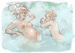 2girls bath bathing blonde_hair breasts eye_contact female_only hotsprings implied_link large_breasts linea_nigra multiple_pregnancies nude nude_female onsen outie_navel partially_submerged paya_(the_legend_of_zelda) pointy_ears pregnancy pregnant pregnant_belly pregnant_female princess_zelda sapphicbump shared_bathing small_breasts tears_of_the_kingdom the_legend_of_zelda white_hair wholesome_pregnancy zelda_(tears_of_the_kingdom)