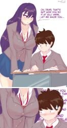 1boy 1girls big_breasts blush boobs breast_awe breasts brown_hair cleavage clothed dicke_titten distracted doki_doki_literature_club embarrassed english_text flustered lewddoodler mc_(doki_doki_literature_club!) purple_hair size_difference taller_girl teasing text yuri_(doki_doki_literature_club)