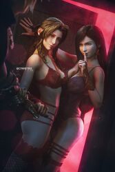 1boy 2girls 3d aerith_gainsborough ass big_ass big_breasts big_butt black_hair bracelet breasts breasts_out brown_hair cloud_strife cyanitro eyes female ffm_threesome final_fantasy final_fantasy_vii final_fantasy_vii_remake fishnet fishnet_stockings fishnet_thighhighs fishnets gloves hair indoors light-skinned_female light_skin lingerie long_hair looking_at_partner male seductive thigh_highs thighhighs thighs threesome tifa_lockhart unseen_male_face