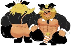 anthro ass balls bara barazoku blush broly_culo bunny_ears bunnysuit closed_eyes digimon flaccid furry hyaku_(artist) leomon lion male male_only muscles muscular penis solo solo_male spread_legs squatting