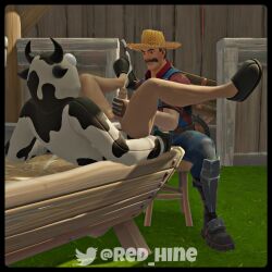 2boys 3d bara barazoku big_penis clothing costume cow_costume cum cum_drip cum_dripping_from_penis epic_games erection fortnite gay genital_fluids guernsey_(fortnite) hand_on_penis handjob hard_on hayseed_(fortnite) jonesy_(fortnite) male male/male male_focus male_only manly masturbation orgasm penis red_hine solo_male touching_penis yaoi