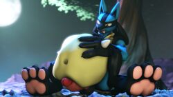 3d_(artwork) canid canine canis digital_media_(artwork) domestic_dog generation_4_pokemon hachi hachi_doggo hi_res jackal lucario male male/male mammal nintendo paws pokemon pokemon_(species) solo source_filmmaker stomach_bulge vore vore_sex