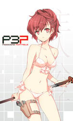 bikini brown_hair casual clothing evoker female female_protagonist_(persona_3) holster human kotone_shiomi legwear megami_tensei pale_skin persona persona_3 persona_3_portable red_eyes short_hair solo solo_female solo_focus swimwear tagme weapon