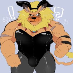 anthro balls bara barazoku blush bulge bunny_ears bunnysuit crossdressing digimon furry hyaku_(artist) leomon lion male male_only muscles muscular pantyhose penis solo solo_male