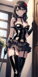 ai_generated axis_powers_hetalia brown_hair choker dominatrix elizaveta_hedervary flower_in_hair green_eyes hair_ornament hungary_(hetalia) latex latex_corset latex_gloves latex_skirt latex_stockings long_hair medium_breasts riding_crop yodayo