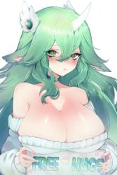 animal_ears big_breasts blush breasts collarbone female female_focus female_only green_eyes green_hair hair_ornament holding horns large_breasts league_of_legends long_hair looking_at_viewer shiny_skin single_horn solo solo_female solo_focus soraka star_guardian_series star_guardian_soraka sweater white_horn