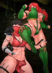 2d 2d_(artwork) abs catfight chanary cosplay female_only hong_meiling huge_ass huge_breasts jade_(mortal_kombat)_(cosplay) kaguya_houraisan kick loincloth masked_female midriff mortal_kombat muscular_female navel revealing_clothes skarlet_(cosplay) thick_thighs thigh_boots toned_stomach touhou wide_hips wrestling