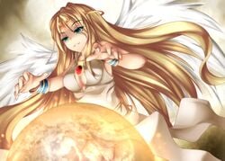 angel angel_wings blonde_hair blue_eyes cleavage cleavage_cutout clothed feathers female fi-san grin ilias long_hair mon-musu_quest! monster_girl_quest no_panties pussy solo very_long_hair wings