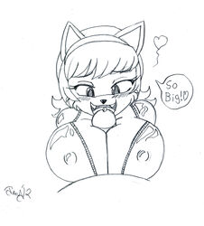 anthro big_breasts blush breasts english_text erect_nipples feline female hair heart huge_breasts jmynstyx kitty_katswell male monochrome nipples open_mouth paizuri precum sex speech_bubble straight t.u.f.f._puppy text