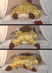 anal anal_sex animal_crossing anthro balls bara barazoku blush elvis_(animal_crossing) furry gay hyaku_(artist) lion male male_only mating_press muscles muscular nintendo nude penis sex size_difference