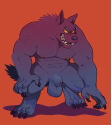 2018 4_toes 5_fingers abs animal_genitalia anthro anthro_only balls barefoot biceps biped canine character_request claws digital_media_(artwork) eyebrows fangs front_view full-length_portrait fully_sheathed fur furry glitter_trap_boy grey_balls grey_claws grey_eyebrows grey_nose grey_tail grin hi_res male male_only mammal multicolored_fur muscular muscular_male nipples no_humans nude original original_character pecs pink_nipples portrait purple_fur red_background red_eyes sheath signature simple_background smile solo standing teeth thick_sheath toe_claws toes two_tone_fur were werewolf yellow_sclera