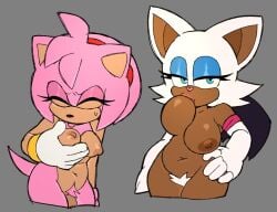 amy_rose anthro big_breasts bracelet breast_sucking breasts dark-skinned_female dark_skin female flaccid_penis furry futanari gloves large_breasts meowwabae penis pubic_hair rouge_the_bat sega self_breast_sucking small_breasts sonic_(series) sucking_own_breasts tongue_out wings